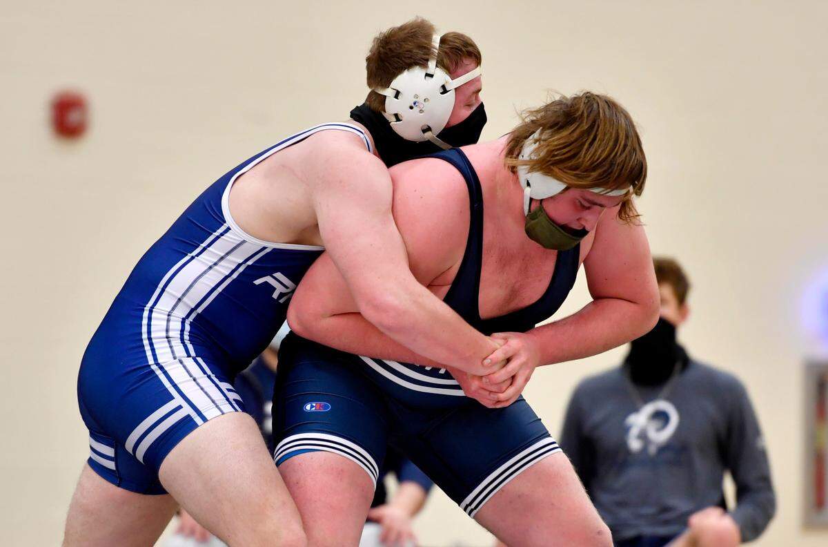 Penns Valley’s Ben Sharer controls Philipsburg-Osceola’s Chase Klinger in a 285 lb bout during the District 6 AA section 2 tournament on Wednesday, Feb. 17, 2021.