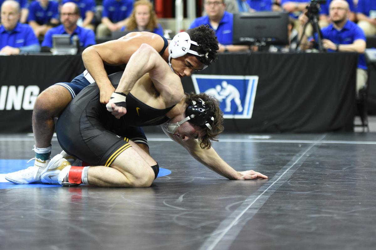 Penn State’s Roman Bravo-Young controls Iowa’s Austin DeSanto in their 133-pound semifinals match of the NCAA Championships on Friday, March 18, 2022 at Little Caesars Arena in Detroit. RBY defeated DeSanto for a sixth straight time, this one by score of 3-2.