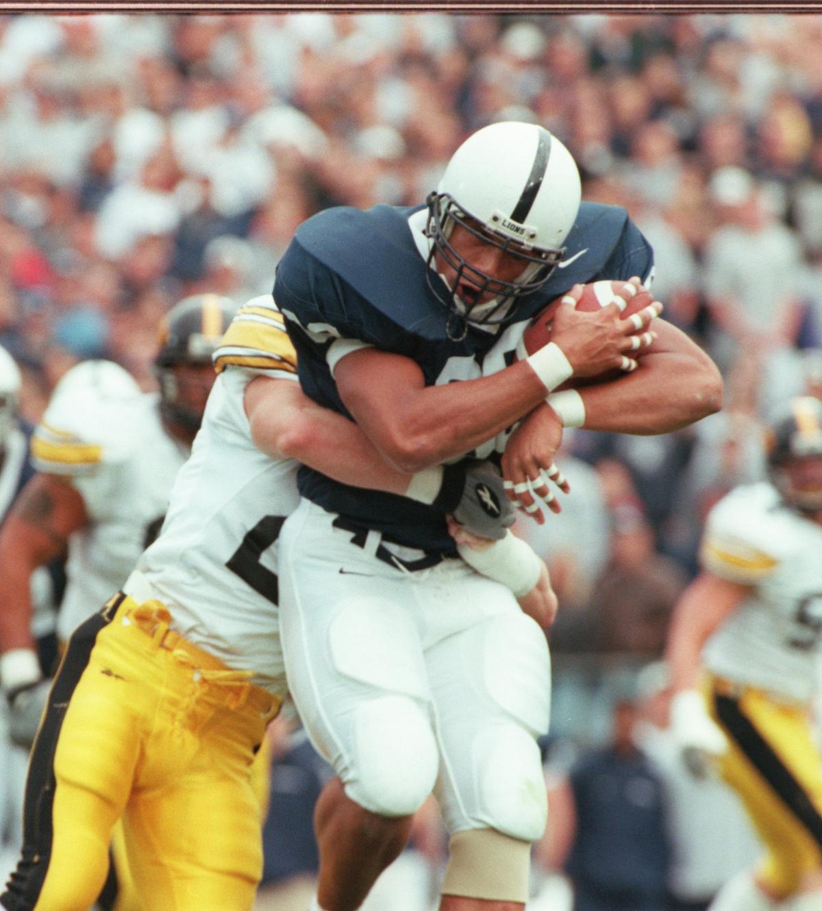 Penn State tight end Tony Stewart catches a pass against Iowa during the 2000 season.