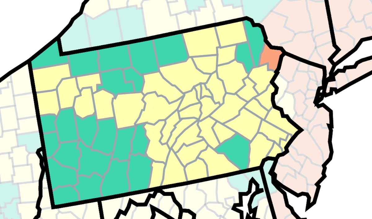 This map of Pennsylvania from the U.S. Centers for Disease Control and Prevention shows COVID-19 community levels by county as of Jan. 12, 2023. The orange signifies high, the yellow signifies medium and the green signifies low.