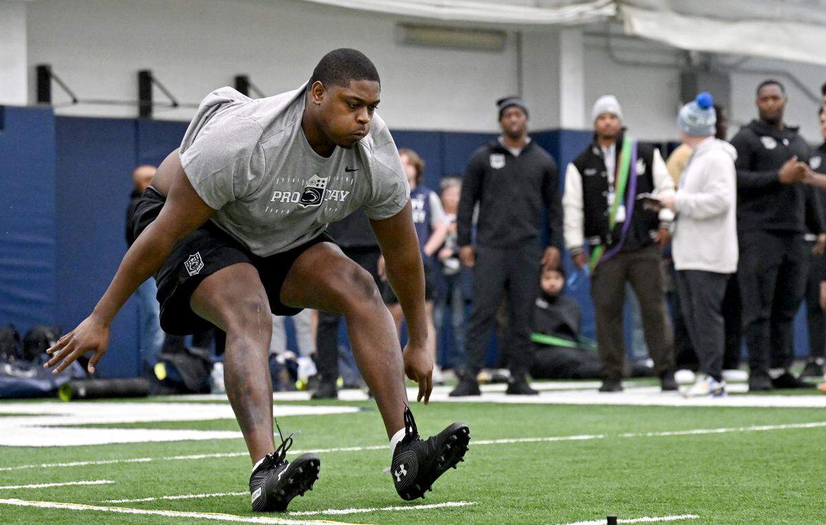DT Alonzo Ford Jr. does the broad jump during Penn State Pro Day on Wednesday, March 18, 2026.   His best jump was 8-7.