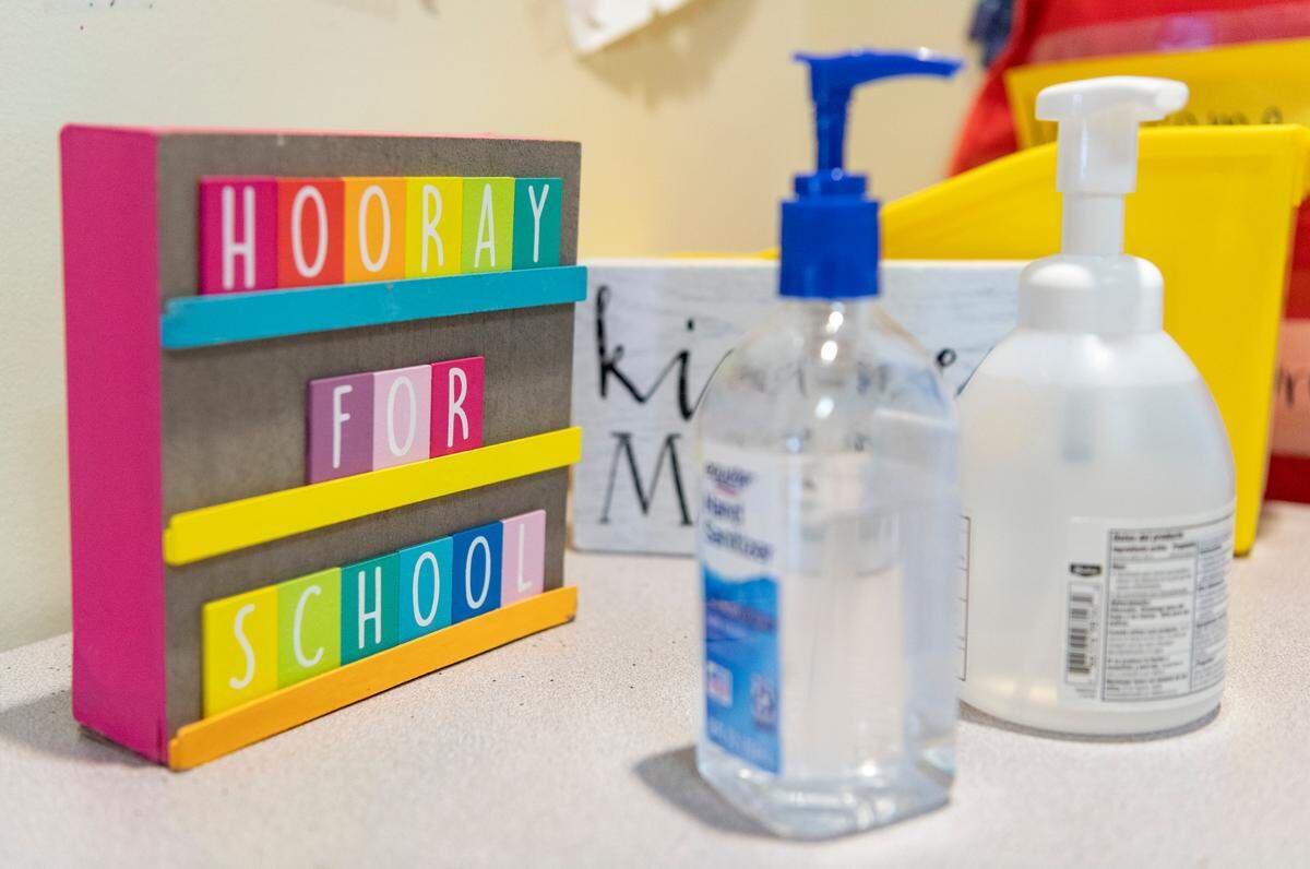 Hand sanitizer outside of a classroom at Mount Nittany Elementary on Friday.