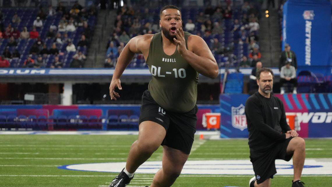 Former Penn State defensive tackle PJ Mustipher participates in the NFL combine at Lucas Oil Stadium on Thursday.
