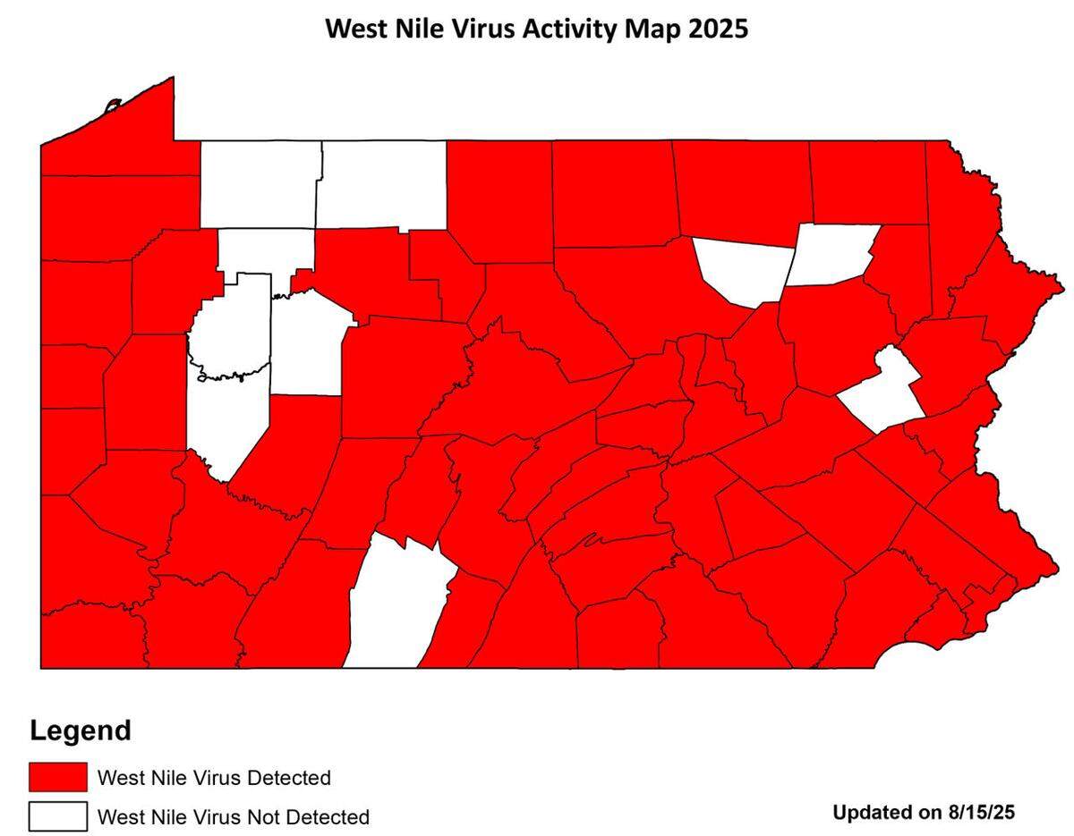 This map from the Pennsylvania Department of Environmental Protection shows West Nile virus confirmation by county as of Aug. 15, 2025.