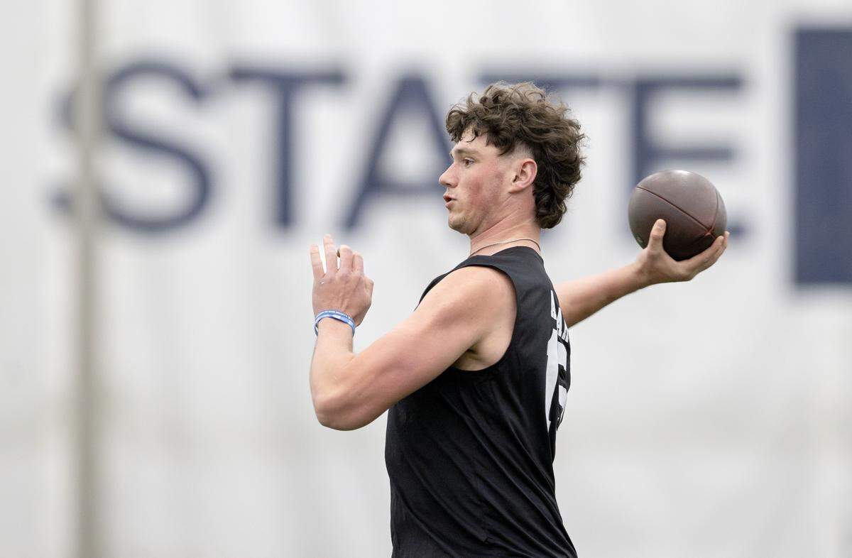 QB Drew Allar makes a pass during Penn State Pro Day on Wednesday, March 18, 2026.  