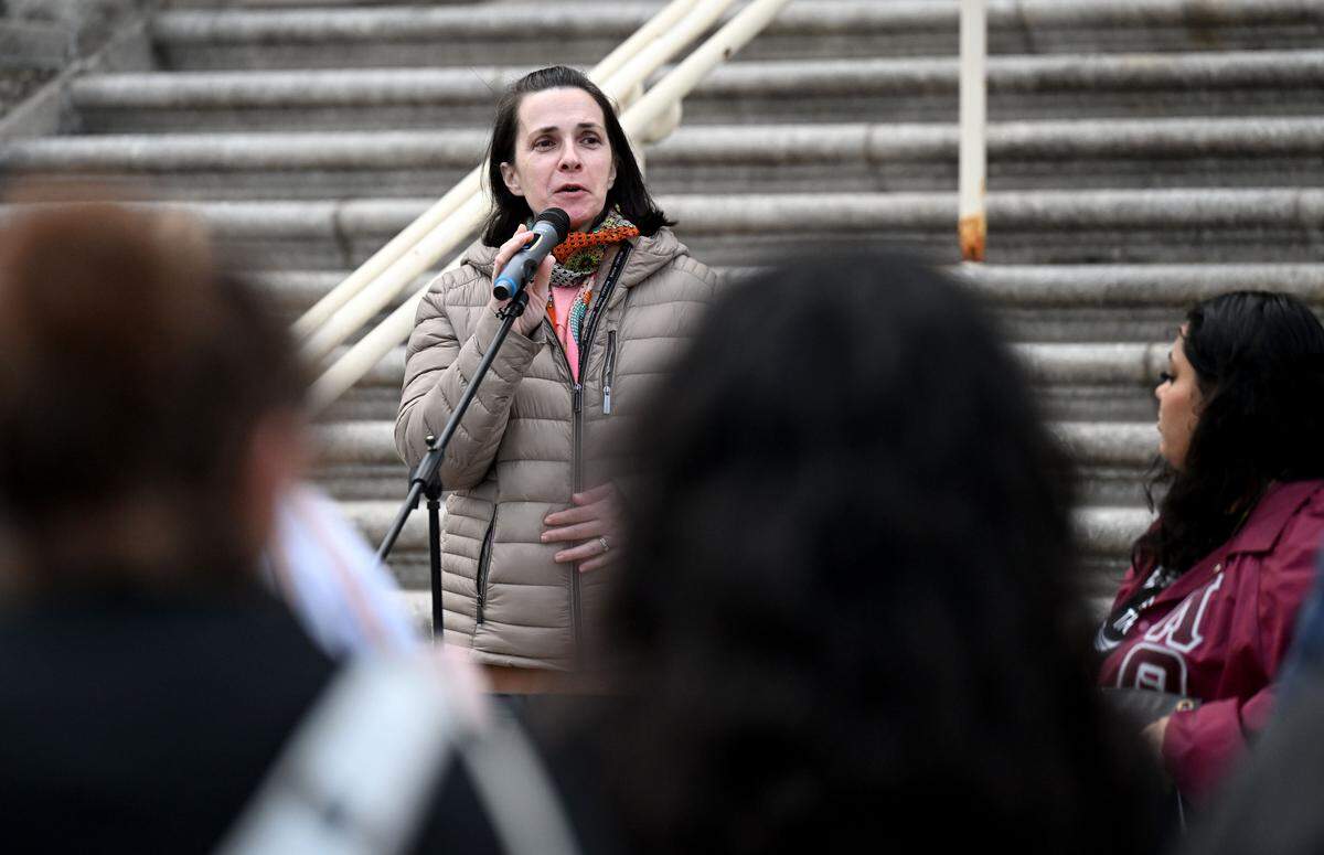 Jennifer Pencek, the executive director of Centre Safe, talks about the resources available to victims of sexual assault during “Take Back the Night” on Wednesday, April 1, 2026. 