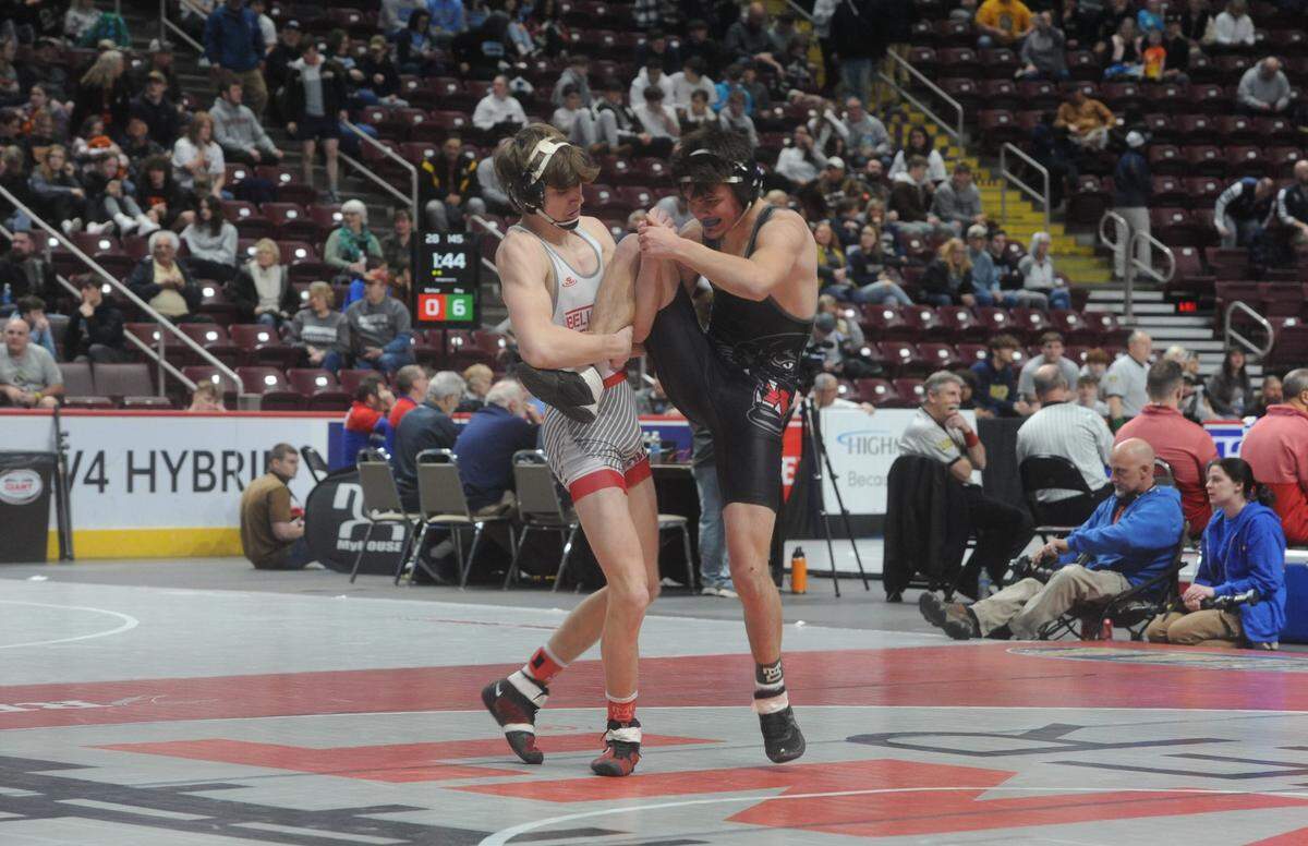 Bellefonte’s Gage Long aims to finish off a takedown of Saucon Valley’s Travis Riefenstahl in their 145-pound preliminary match of the PIAA Class 2A Championships on Thursday, March 9, 2023 at the Giant Center in Hershey. Long fell to Riefenstahl, 8-7.