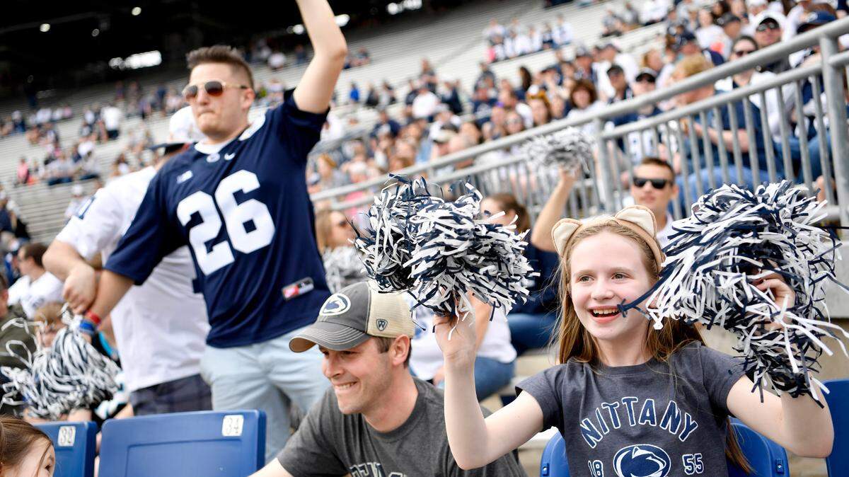 Fans get pumped up for the Penn State Blue-White game on Saturday, April 13, 2019.