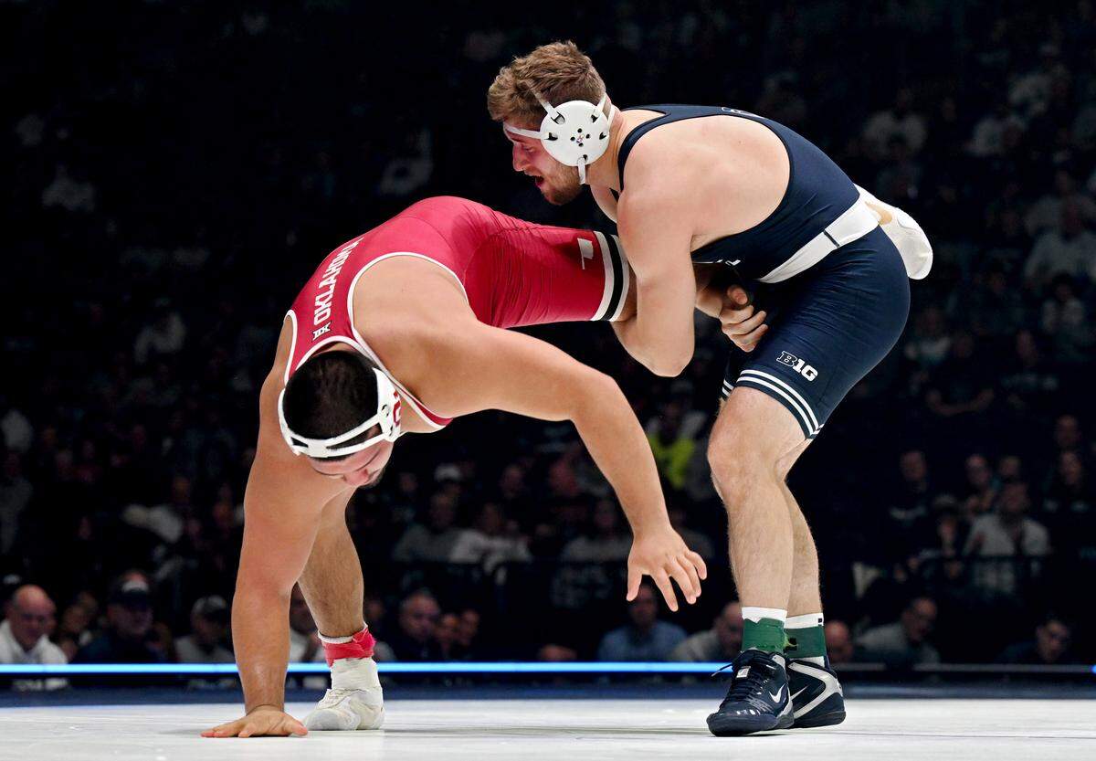 Penn State’s Cole Mirasola controls Oklahoma’s Juan Mora in the 285 lb bout of the match on Friday, Nov. 14, 2025 at the Bryce Jordan Center.