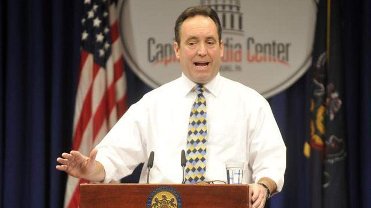 State Senate Majority Leader Jake Corman talks during a news conference in Harrisburg on Friday, Jan. 16, 2015, where he announced that he had reached a settlement with the NCAA to void all Penn State football sanctions.
