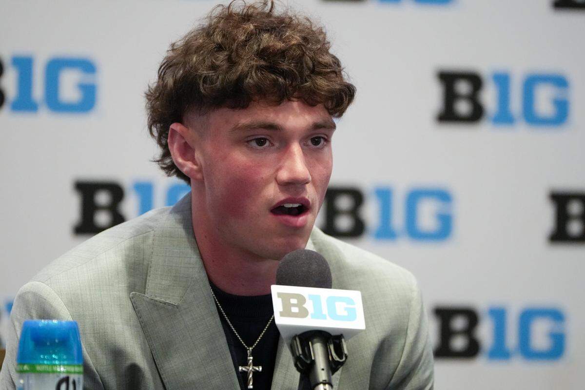 Jul 23, 2025; Las Vegas, NV, USA; Penn State quarterback Drew Allar speaks to the media during the Big Ten NCAA college football media days at Mandalay Bay Resort. Mandatory Credit: Lucas Peltier-Imagn Images