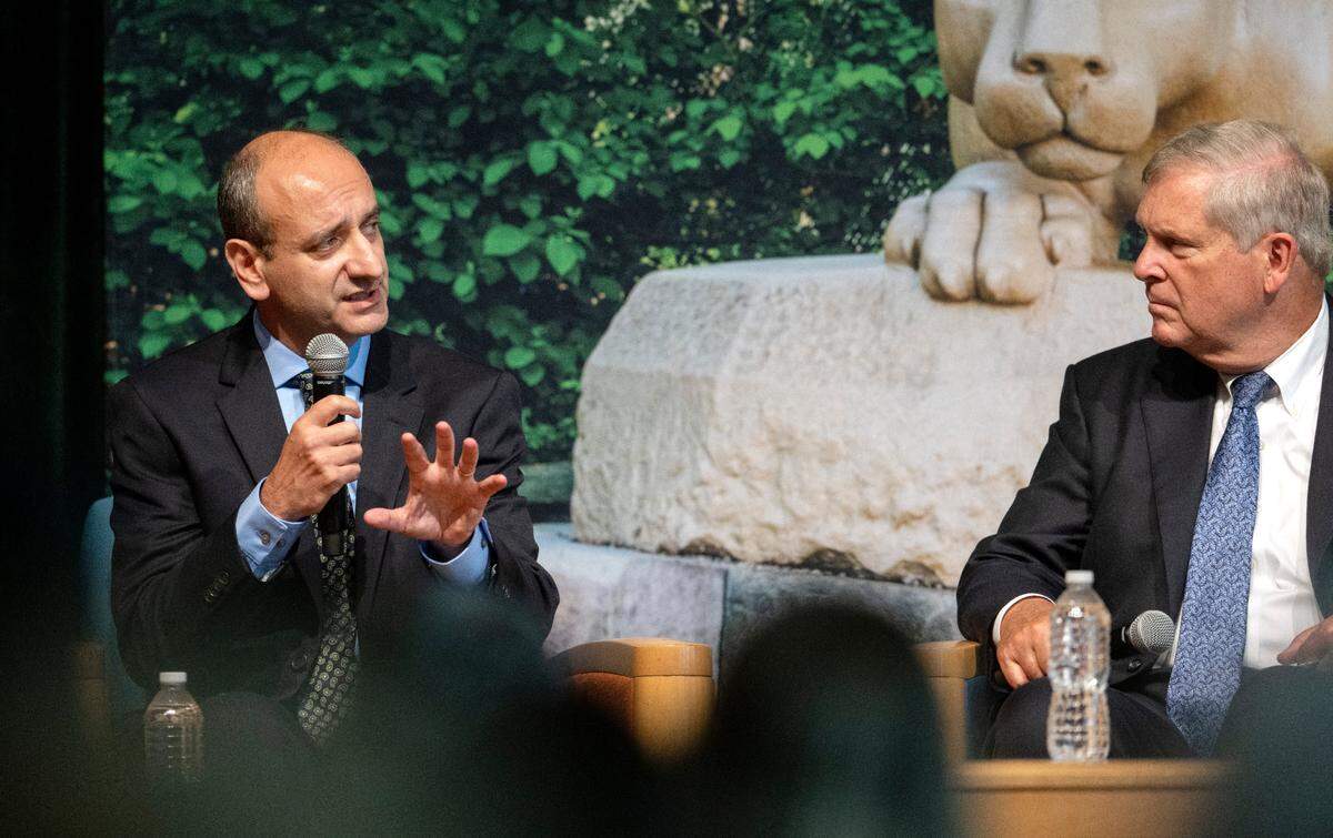 Penn Sate professor of production systems and modeling Armen Kemanian talks during the panel discussion with Agriculture Secretary Tom Vilsack on Wednesday, Sept. 14, 2022 in the HUB on the campus of Penn State.