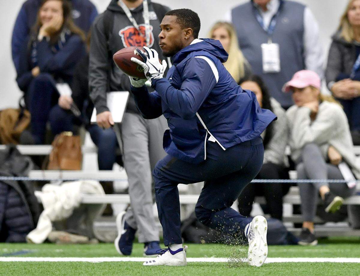 DeAndre Thompkins makes a catch for NFL personnel during Pro day on Tuesday, March 19, 2019 at Holuba Hall.