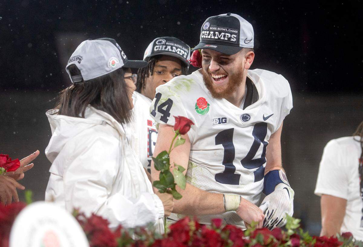 Penn State quarterback Sean Clifford celebrates after winning the Rose Bowl game on Monday, Jan. 2, 2023.