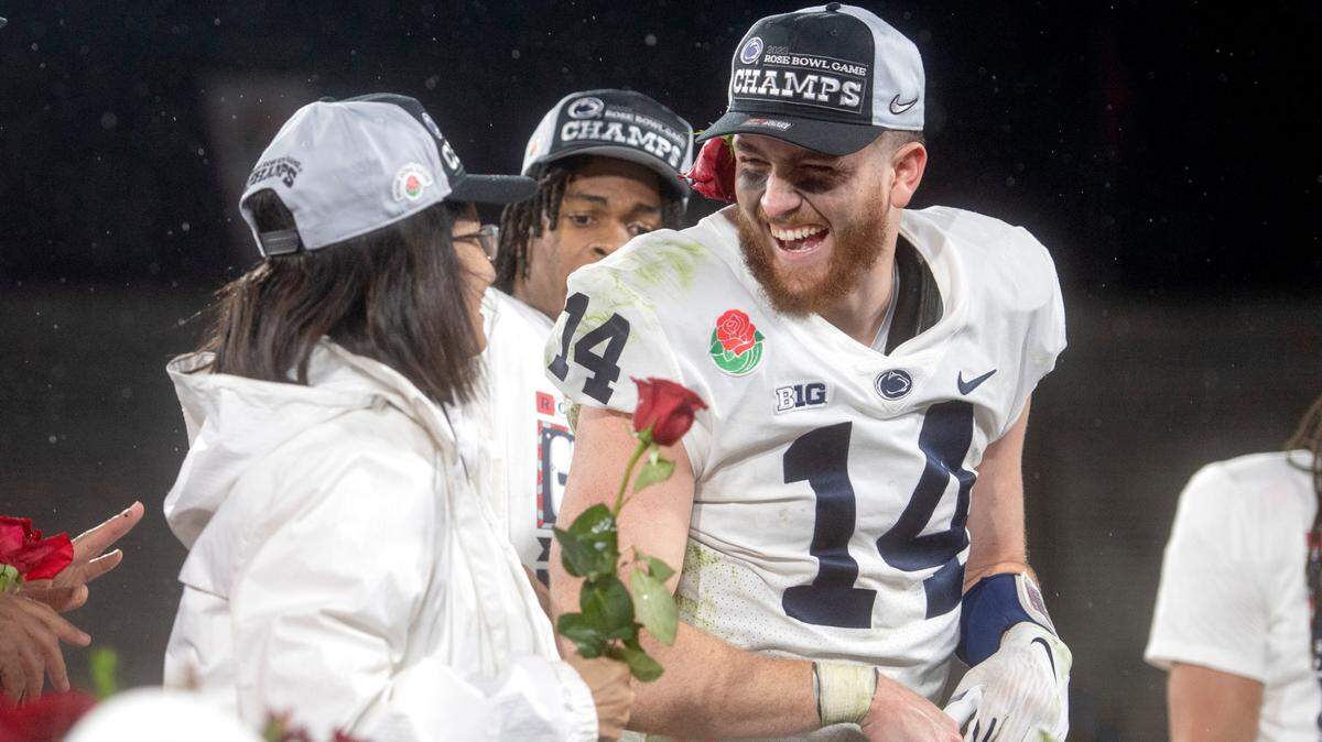 Penn State quarterback Sean Clifford celebrates after winning the Rose Bowl game on Monday, Jan. 2, 2023.