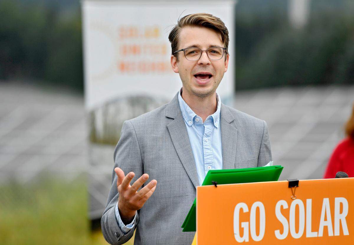 Henry McKay from Solar United Neighbors talks about a co-op coming to Centre County during a media event in September at the University Area Joint Authority solar array.