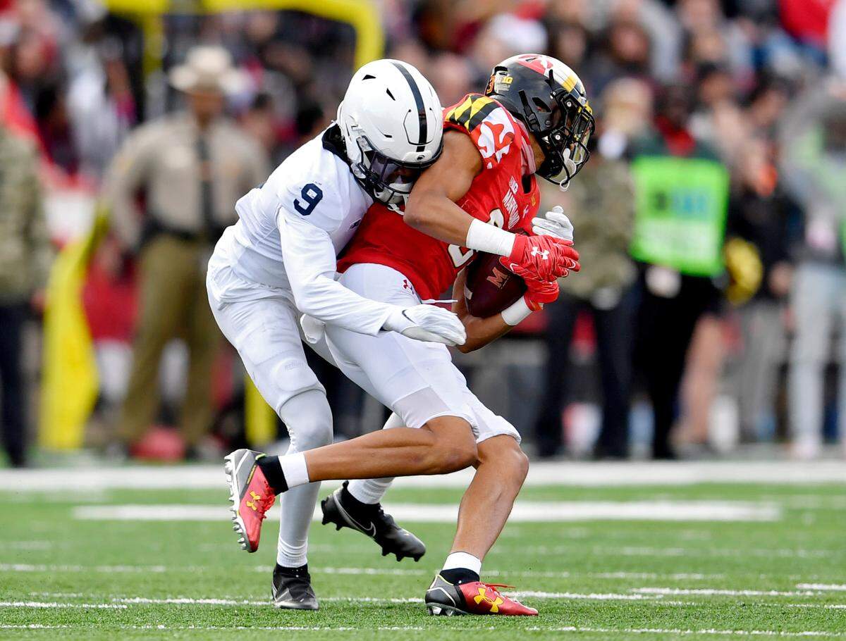 Penn State cornerback Joey Porter Jr. stops MarylandÕs ball carrier during the game on Saturday, Nov. 6, 2021.