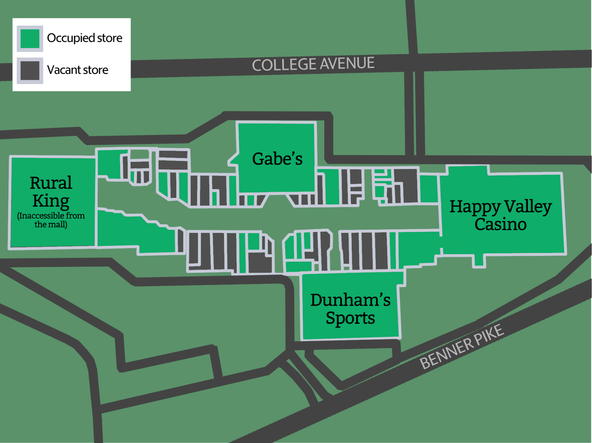 A map of Nittany Mall, as of April 1, 2026.