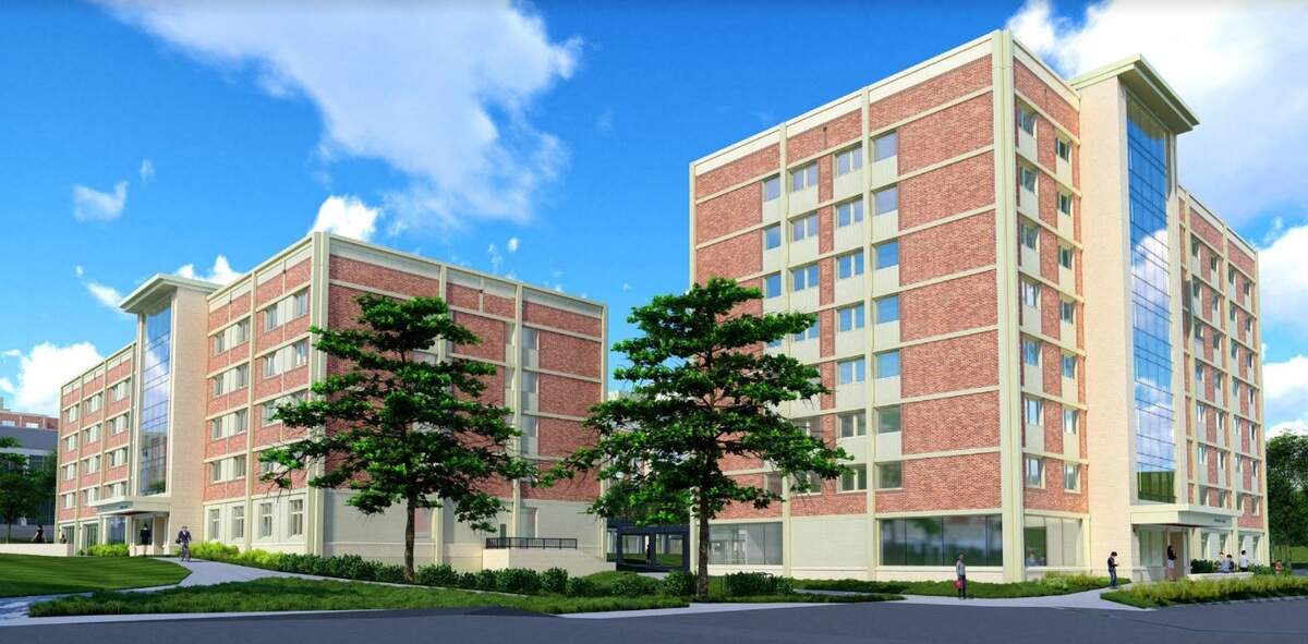 A rendering, from the parking lot, of what several buildings in the East Halls complex will look like after $95.3 million in renovations and improvements to Hastings, Stone and Snyder Halls.