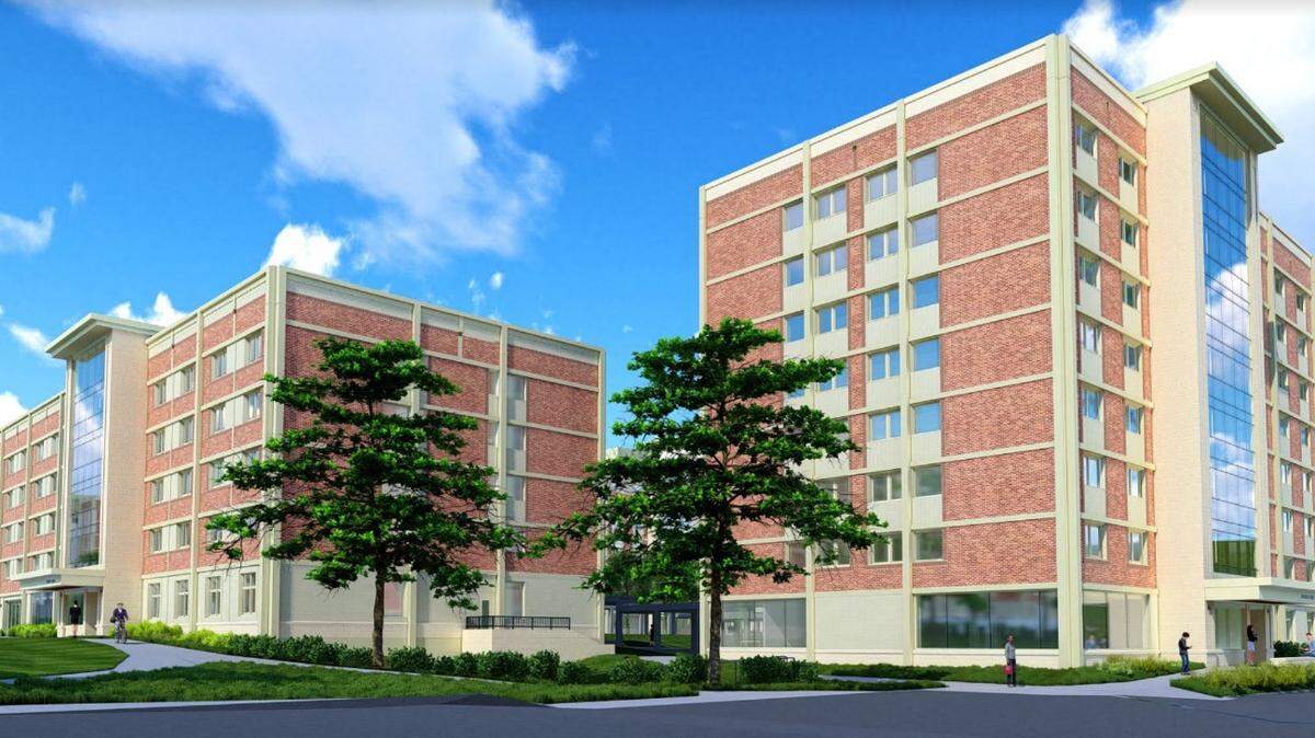 A rendering, from the parking lot, of what several buildings in the East Halls complex will look like after $95.3 million in renovations and improvements to Hastings, Stone and Snyder Halls.