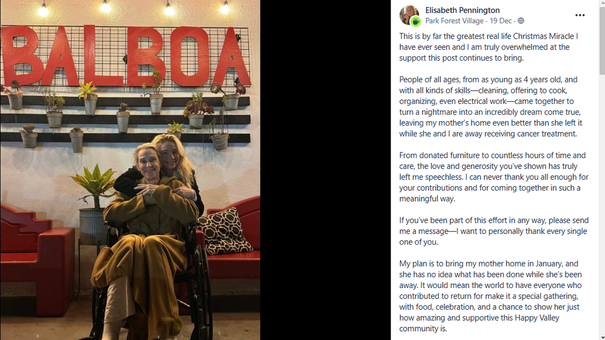 Elisabeth Pennington thanked community members who helped with December home renovations in a Nextdoor post.