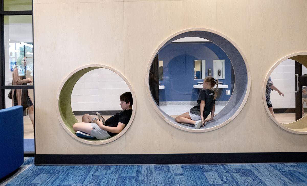 Kids enjoy some features of the new Liberty-Curtin Elementary School on Monday, Sept. 22, 2025.  