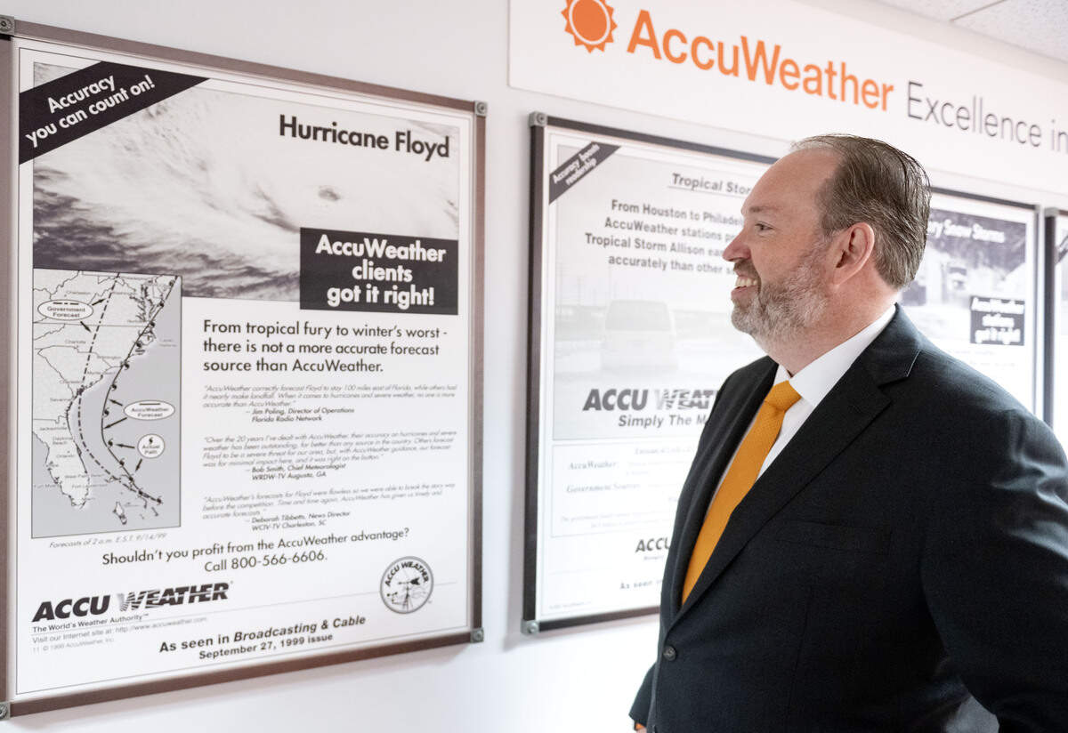 AccuWeather CEO Steve Smith reminisces about Hurricane Floyd, a storm he covered that is highlighted for its accuracy in the AccuWeather State College office, on Wednesday, July 8, 2026.