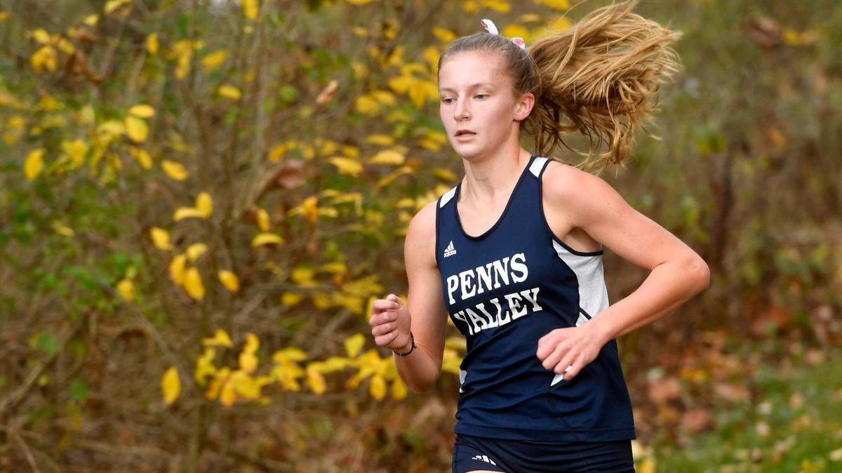 Penns Valley’s Kelsey Hull leads the Mountain League cross country championship race on Wednesday, Oct. 21, 2020. Hull finished in first with a time of 20:02.