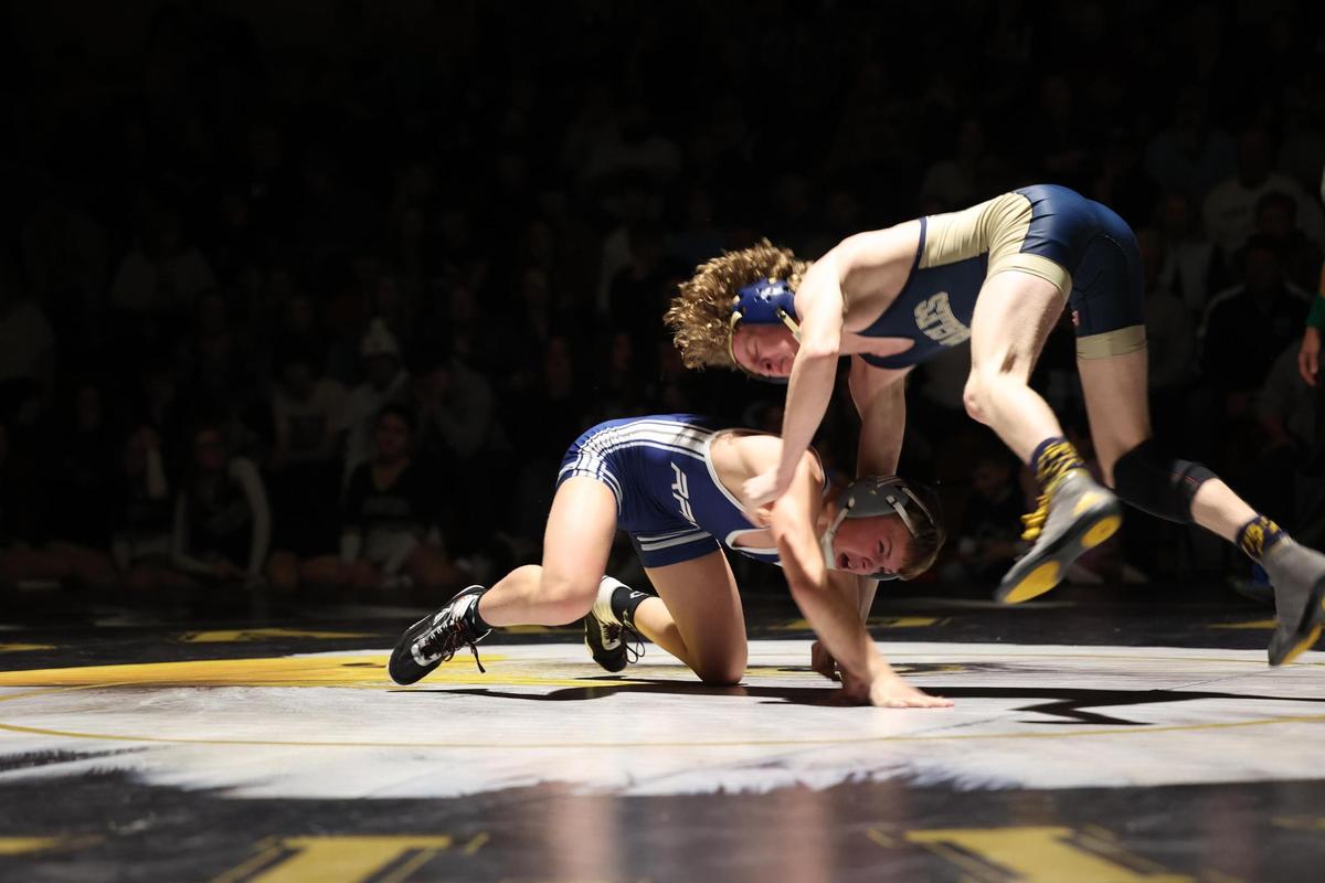 Bald Eagle Area’s Lucas Fye tries to escape a shot from Penns Valley’s Brayden Lisowski in their 121-pound match of the Eagles’ 31-27 loss on Tuesday, January 10, 2023. Fye topped Lisowski, 12-3.