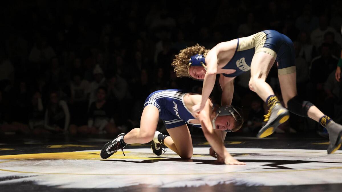 Bald Eagle Area’s Lucas Fye tries to escape a shot from Penns Valley’s Brayden Lisowski in their 121-pound match of the Eagles’ 31-27 loss on Tuesday, January 10, 2023. Fye topped Lisowski, 12-3.