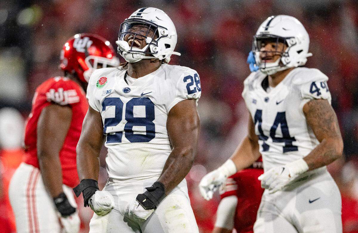 Penn State defensive tackle Zane Durant celebrates a play during the Rose Bowl game against Utah on Monday, Jan. 2, 2023.
