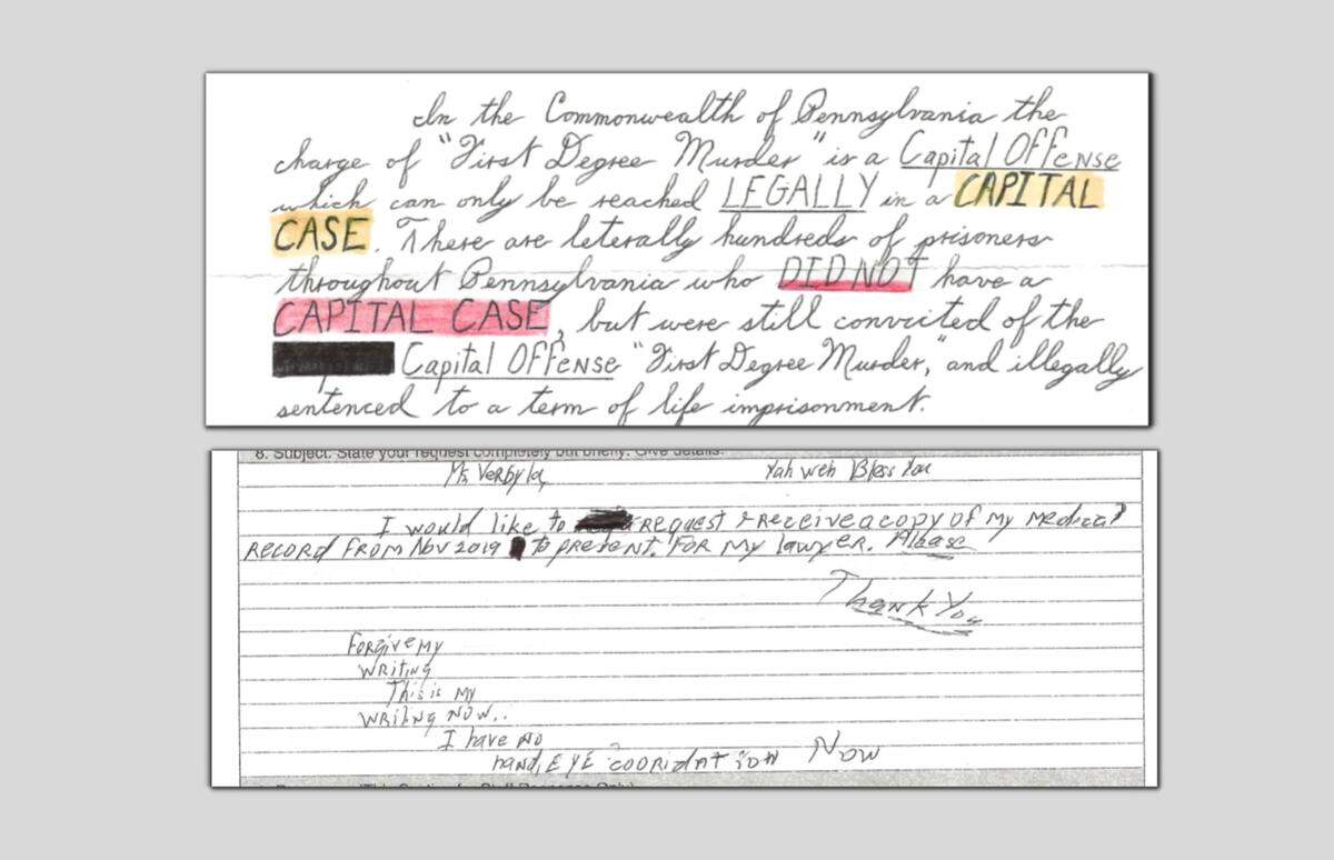 Letters from Raymond Caliman, who is serving a life sentence in Pennsylvania state prison, show how his handwriting changed from August 2019 to January 2020 as his health declined.
