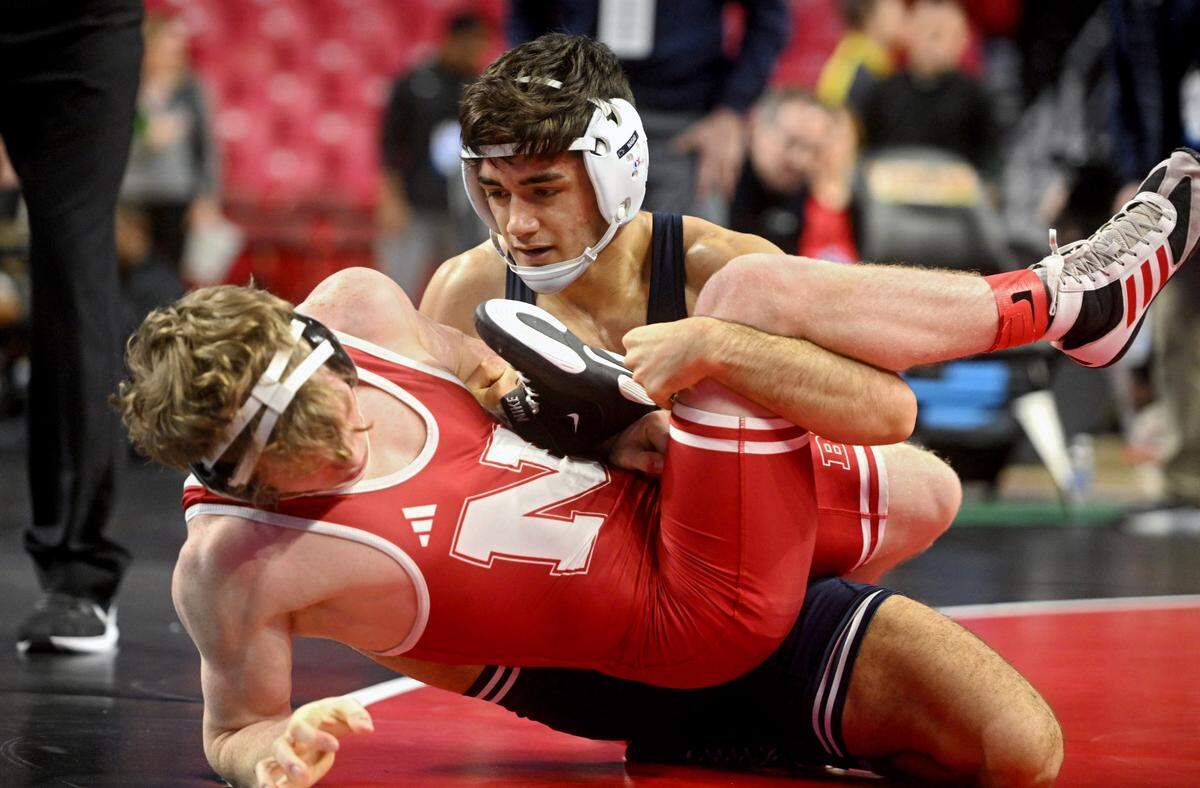 Penn State’s Aaron Nagao controls Nebraska’s Jacob Van Dee in a 133 lb quarterfinal match of the Big Ten Wresting Championships at the Xfinity Center at the University of Maryland on Saturday, March 9, 2024.