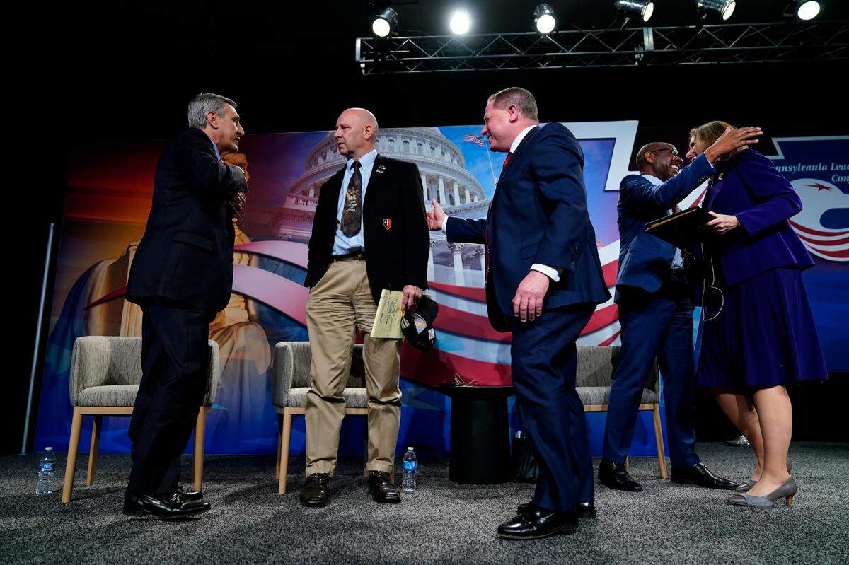 Lou Barletta, left, state Sen. Doug Mastriano, R-Franklin, David White, Nche Zama and Melissa Hart take part in a forum for Republican candidates for governor at the Pennsylvania Leadership Conference in Camp Hill on April 1.