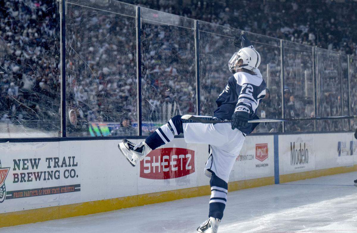 Penn State's Gavin McKenna celebrates his goal in the second period of the game against Michigan State at Beaver Stadium on Saturday, Jan. 31, 2026.