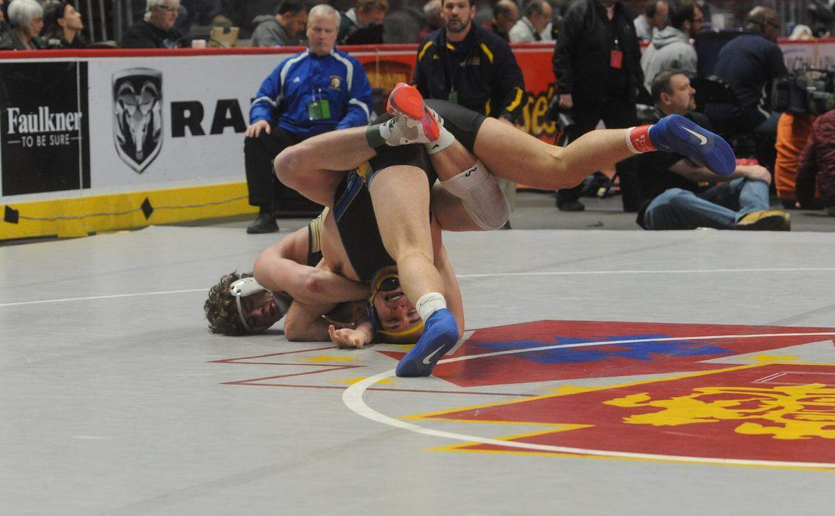 Bald Eagle Area’s Noah Foltz controls Greenville’s Cole Karpinski in their 189-pound second round match of the PIAA Class 2A Championships on Thursday, March 10, 2022 at Giant Center in Hershey. Karpinski topped Foltz, 10-0.