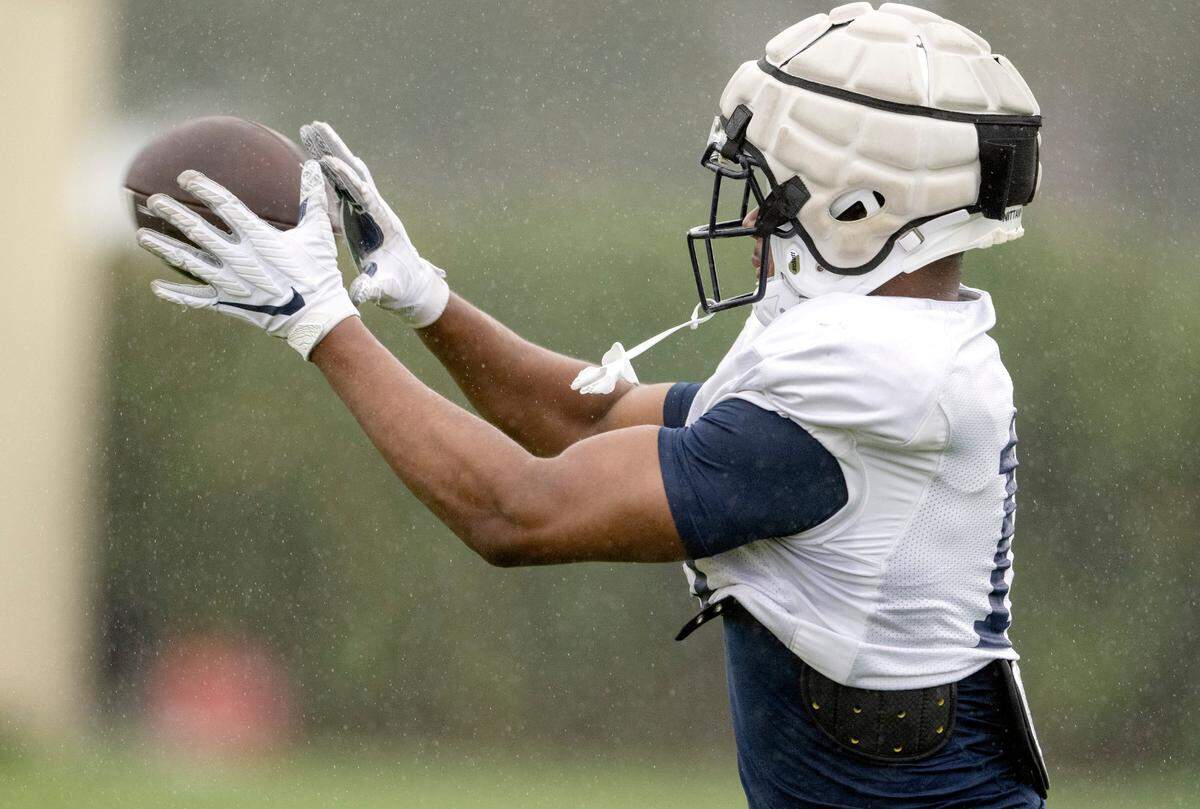 Penn State running back Nick Singleton makes a catch during a red zone drill at practice for the Rose Bowl on Friday, Dec. 30, 2022 at Dignity Health Sports Park.