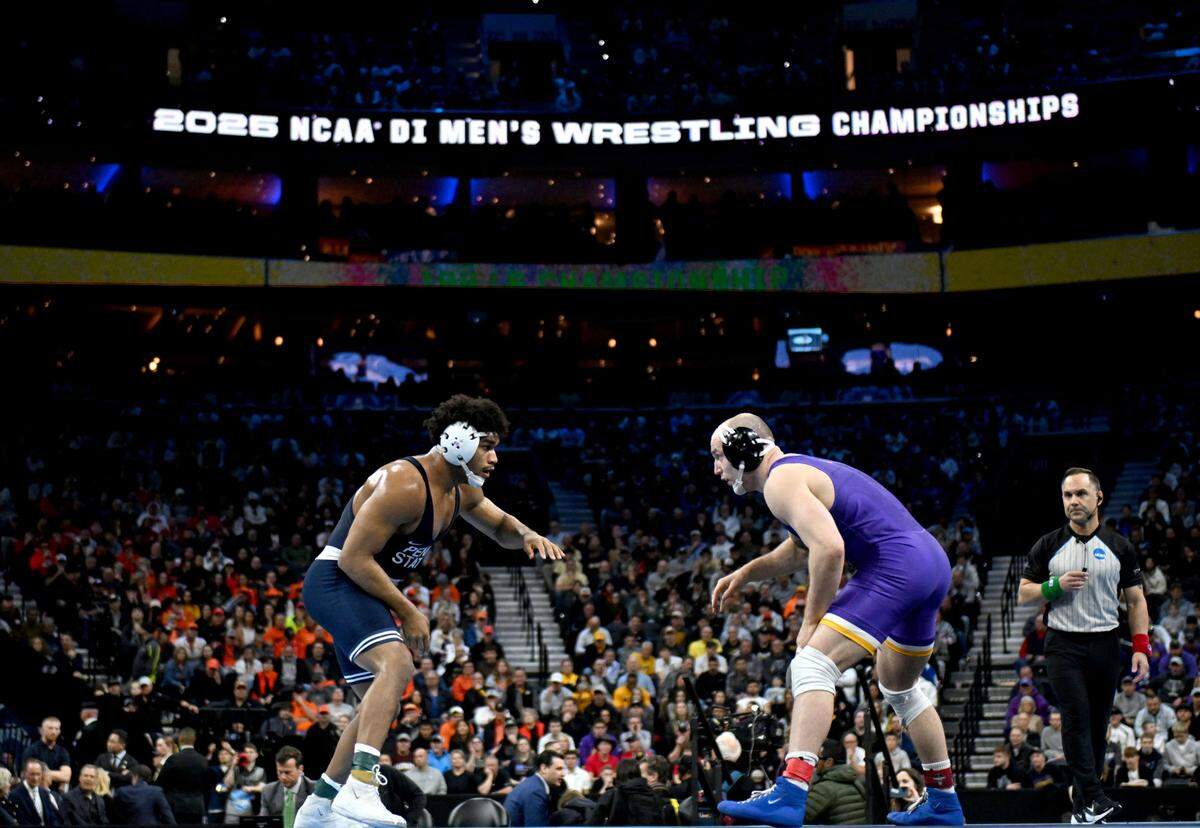 Penn State’s Carter Starocci wrestles Northern Iowa’s Parker Keckeisen in the 184-pound championship bout of the 2025 NCAA Wrestling Championships at the Wells Fargo Center in Philadelphia on Saturday March 22, 2025.