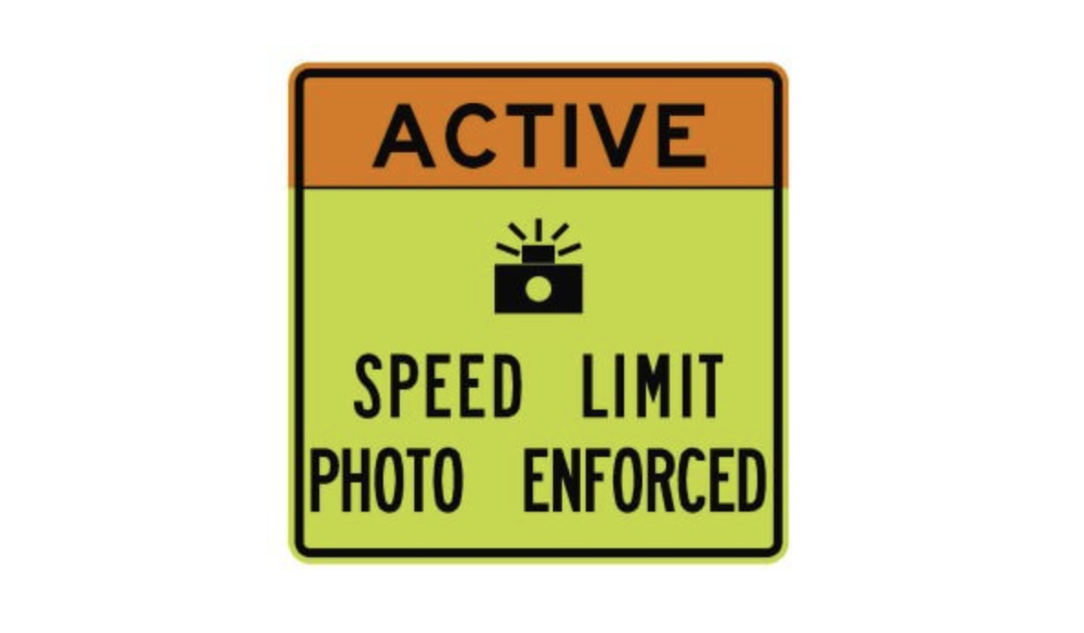 Pennsylvania work zones with a WZSSC system in place are marked with these unique signs in advance of the enforcement area, as required by law.