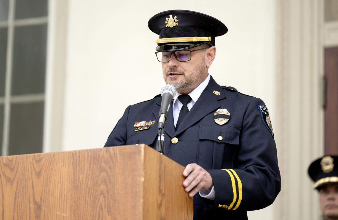 Ferguson Township police Chief Matthew Wilson, formerly an assistant chief with State College police, reads during the 2025 Centre County Peace Officers Memorial Ceremony as part of National Police Week on May 14, 2025.
