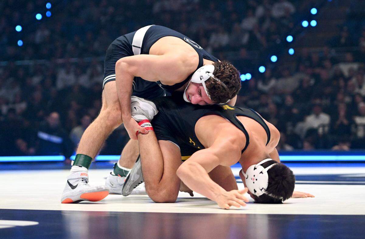 Penn State’s Mitchell Mesenbrink controls Michigan’s Beau Mantanona in the 165 lb bout of the match on Friday, Feb. 7, 2025 in the Bryce Jordan Center. Mesenbrink won by major decision, 18-4.