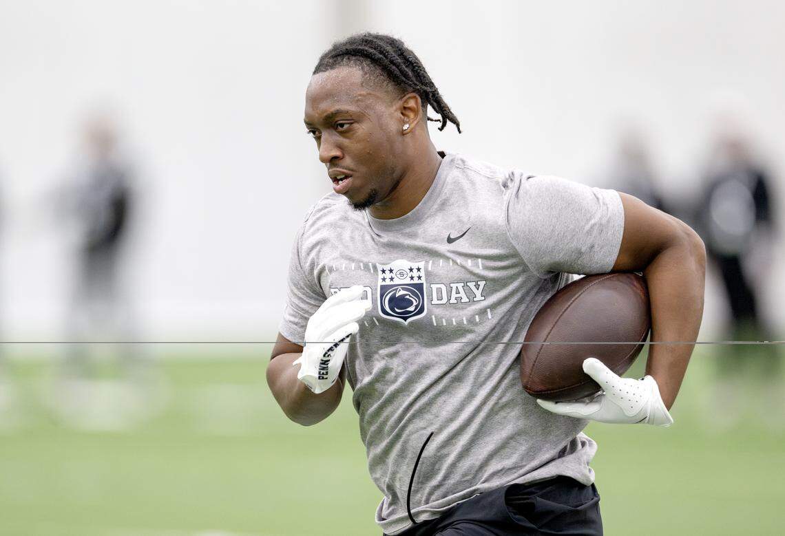 Kaytron Allen makes a catch and runs with the ball during Penn State Pro Day on Wednesday, March 18, 2026.