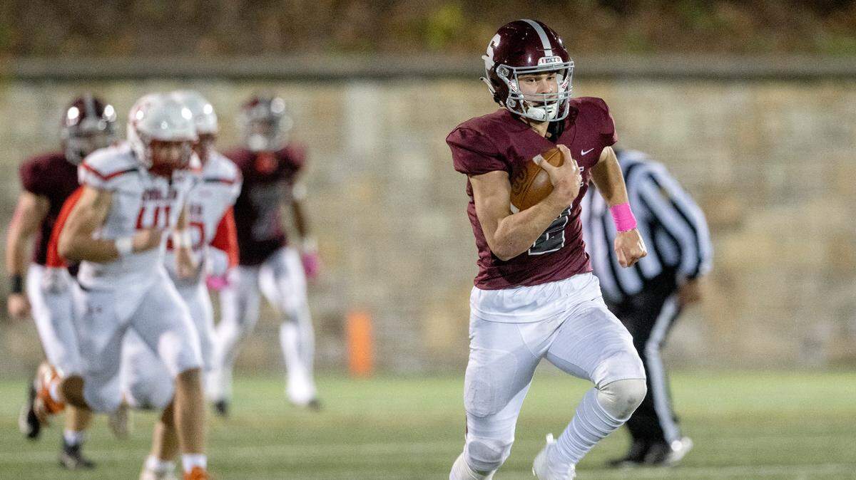 State College’s Finn Furmanek runs 78 yards for a touchdown in the second quarter of the game against Cumberland Valley on Friday, Oct. 21, 2022 at Memorial Field.