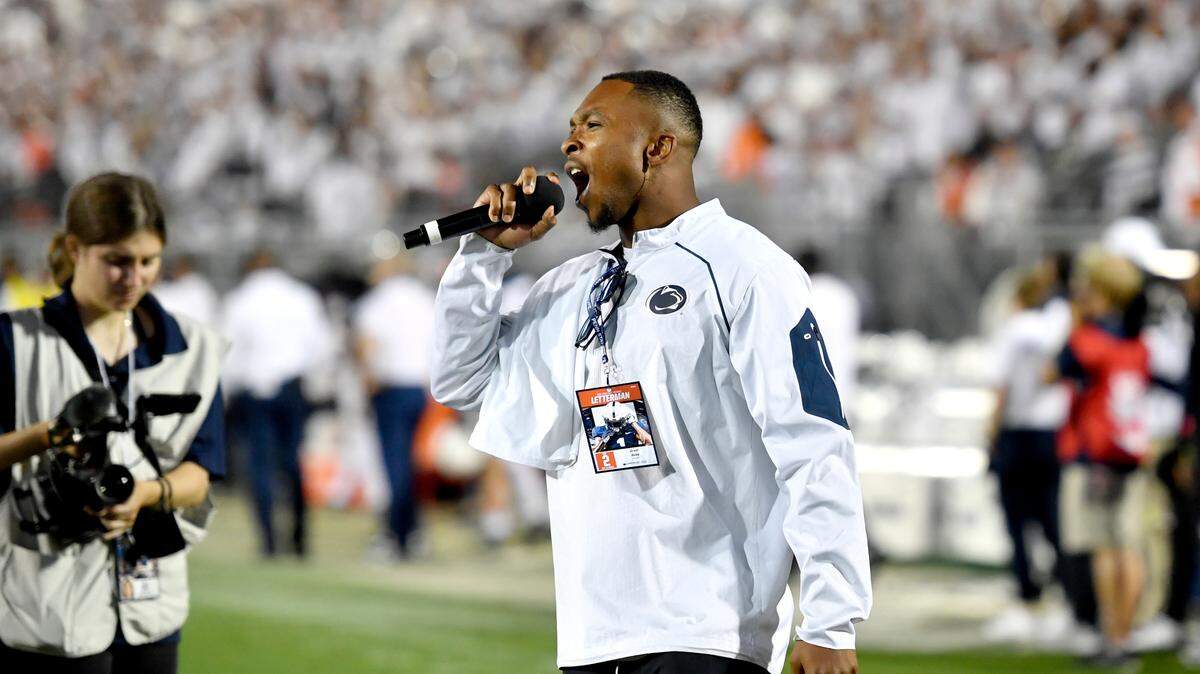 Former Penn State football player Grant Haley pumps up the crowd during the White Out game against Auburn on Saturday, Sept. 18, 2021. In the 2016 White Out game Haley made a key play in the win over Ohio State.