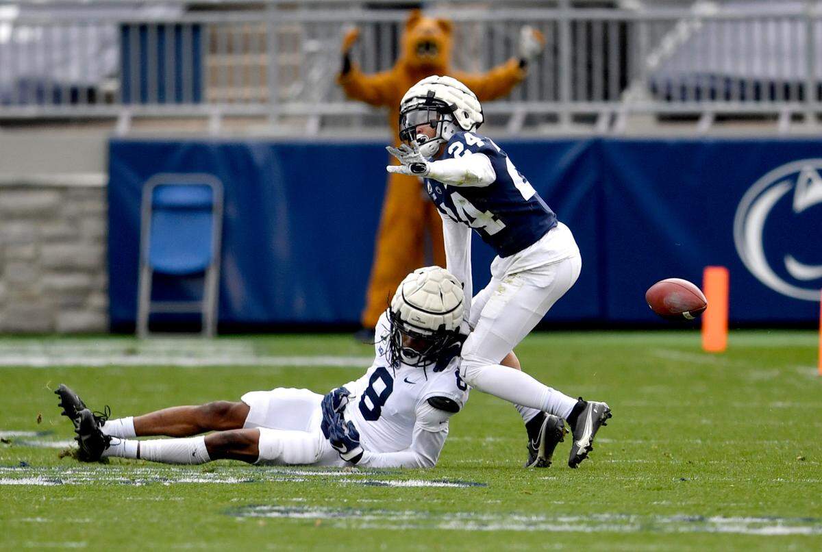 Penn State cornerback Jeffrey Davis Jr. breaks up a pass intended for Marquis Wilson during spring practice on Saturday, April 17, 2021 at Beaver Stadium.