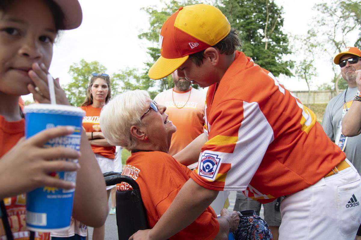Egan Prather hugs his grandmother, Jane Prather, after Egan’s Louisiana team defeated Curacao in the Little League World Series Championship game in South Williamsport on Aug. 25, 2019. Egan pitched in the game.
