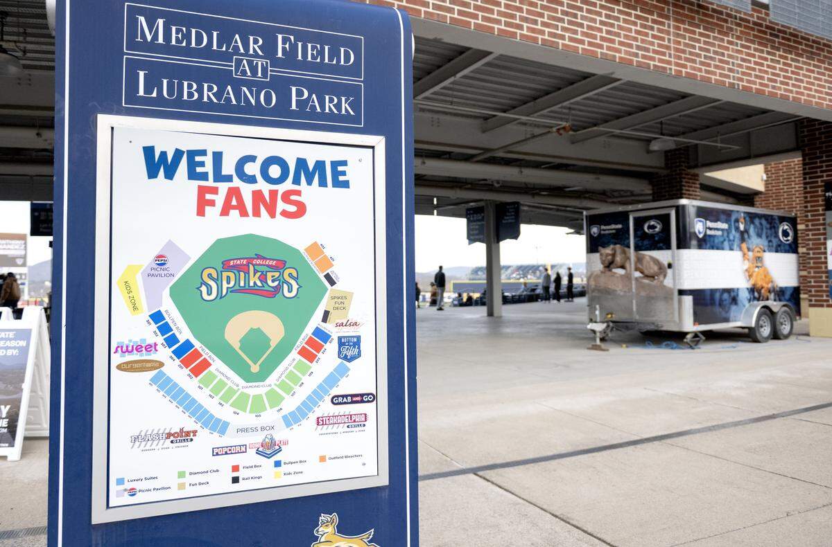 A map of Medlar Field at Lubrano Park features a State College Spikes logo on Tuesday, March 24, 2026.