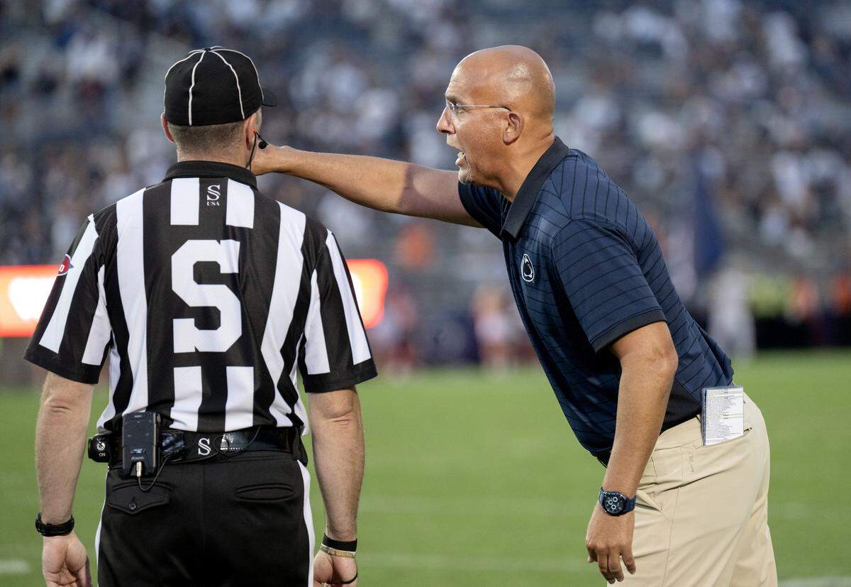 Penn State football coach James Franklin yells to the referee at the end of game against Villanova on Saturday, Sept. 13, 2025.
