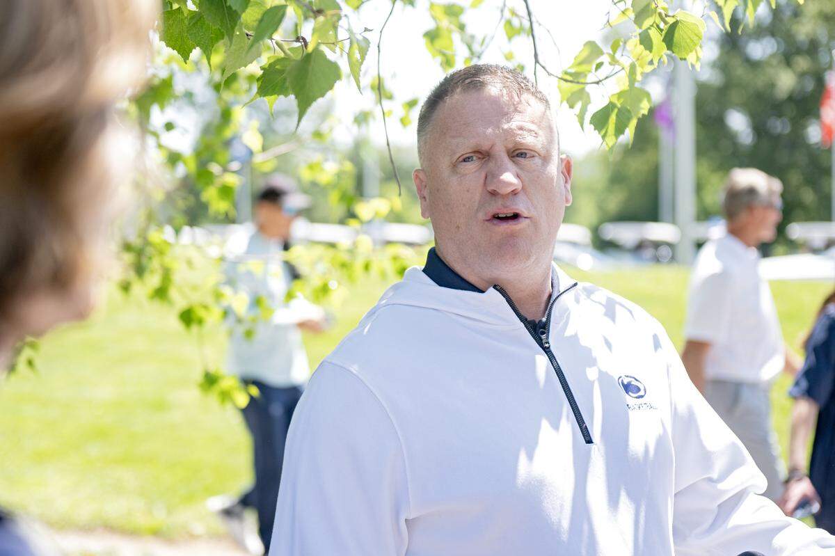 Penn State men's basketball coach Mike Rhoades talks about the team during the Penn State Coaches vs Cancer golf tournament on Friday, May 29, 2026. 