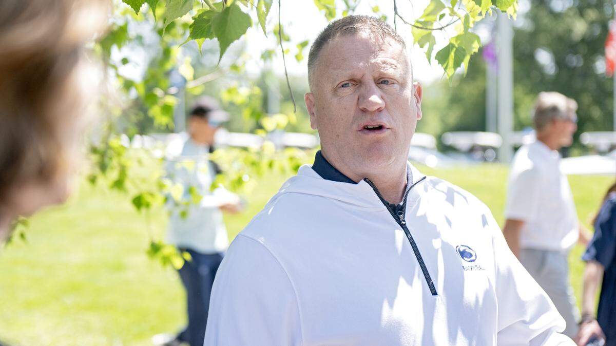 Penn State men's basketball coach Mike Rhoades talks about the team during the Penn State Coaches vs Cancer golf tournament on Friday, May 29, 2026.